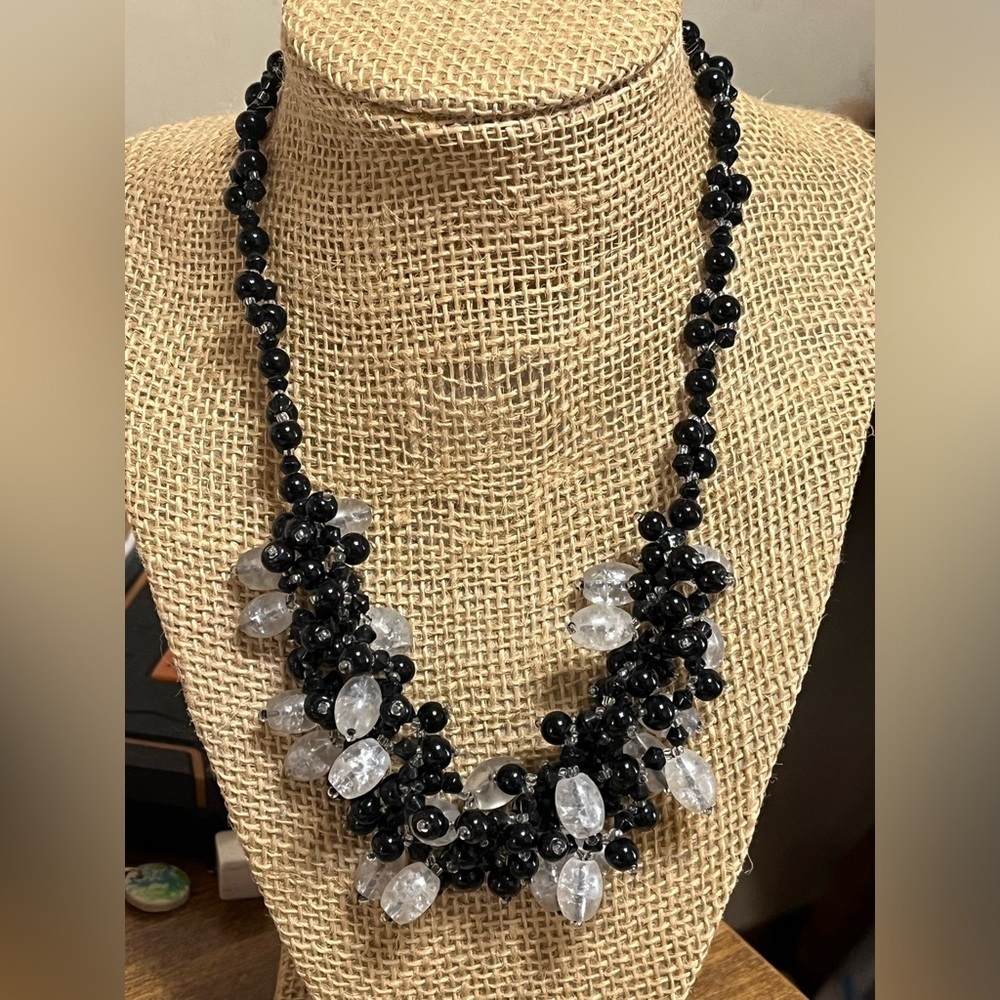 Icy Quartz Black Beaded Cha Cha Necklace
